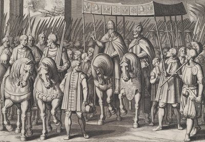 Deska 3: Karel V. korunovaný císařem vstupující do Říma s papežem, z triumfů Karla..., 1614. od Cornelis Boel