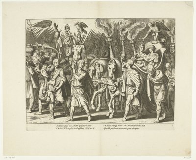 Triomfwagen van Karel V en Ferdinand, na de bevrijding van Wenen van de Turken, ca. 1532, č.p. 7 Scény uit het leven van Karel V (název seriálu) Život císaře Karla V. ve velmi krásných hlubotiskách, vyrytých do návrhů slavného A. Tempesta od Cornelis Boel