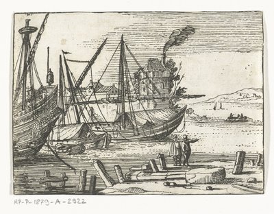 Pohled na přístav se dvěma plachetnicemi a galeonou, dva muži stojící na nábřeží Krajiny a mariňáci (název série) od Cornelis Bol (attributed to)