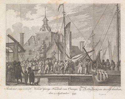Příjezd zraněného prince Willema George Frederika do Rotterdamu, 1793 Příjezd Z.D.H. Willem George Fredrik van Oranje, v Rotterdamu, po zranění, 15. září 1793 (titul na předmětu) od Cornelis Brouwer