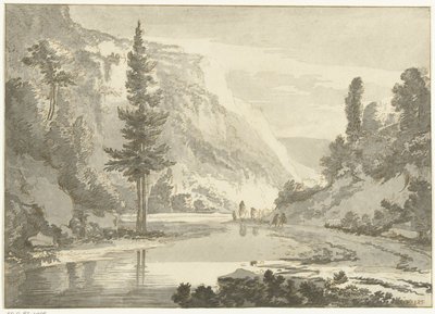 Horská krajina s pastýři na břehu řeky od Cornelis Brouwer