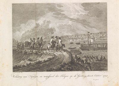 Francouzi ostřelují prchající jednotky na Gierbrugu, 1794 Opuštění Nymegenu a katastrofa družin na Vulture Bridge, 16. října 1794 (název na objektu) od Cornelis Brouwer
