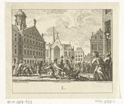 Vzpoura na pohřbu Daniëla Raapa na náměstí Dam v Amsterdamu v roce 1754 od Cornelis Brouwer