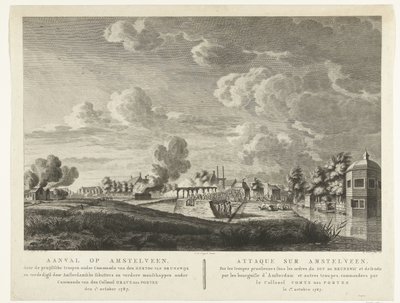 Pruské jednotky útočí na Amstelveen, který 1. října 1787 brání amsterdamští lukostřelci Útok na Amstelveen ... 1. října 1787 (název na objektu) Attaque sur Amstelveen ... le 1er. října 1787 (název na objektu) od Cornelis Brouwer