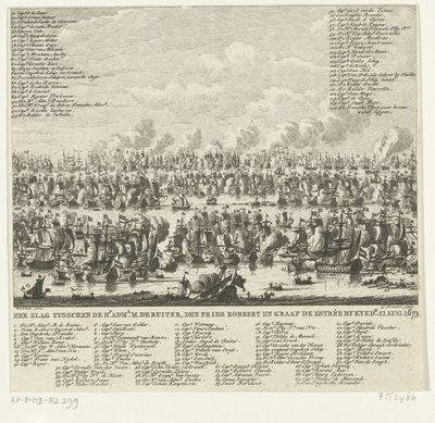 Bitva u Kijkduinu, 1673 Námořní bitva mezi Hr. admin. M. de Ruiter, princ Robbert a hrabě de Estrée od Kykdn. 21. srpna 1673 (název na objektu) od Cornelis Brouwer