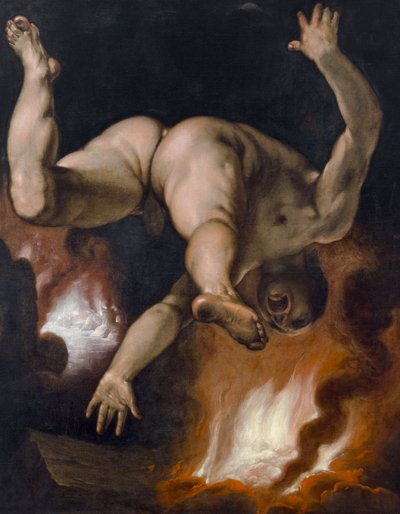 Ixionův pád (Král Lapitů, nahý, padá do pekelného ohně), kolem roku 1588 (olej na plátně) od Cornelis Cornelisz. van Haarlem
