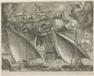 Dvě galéry za trojmajstrem, na nebi pád Phaëthonu Plachetnice (název série) od Cornelis Cort (possibly)