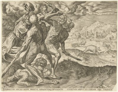 Hercules zabije Geryona a jeho psa Labors of Hercules (název série) od Cornelis Cort