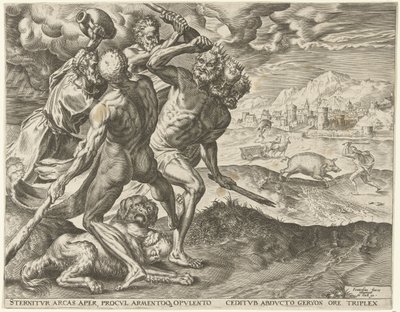 Hercules zabije Geryona a jeho psa Labors of Hercules (název série) od Cornelis Cort