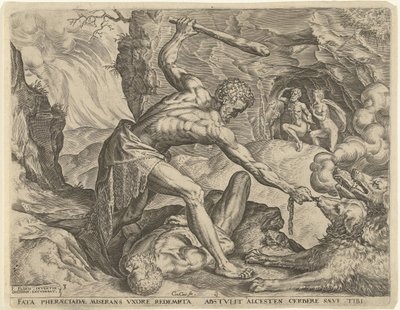 Herkules vytáhne Cerbera z pekla Labors of Hercules (název série) od Cornelis Cort