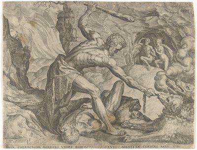Herkules vytáhne Cerbera z pekla Labors of Hercules (název série) od Cornelis Cort