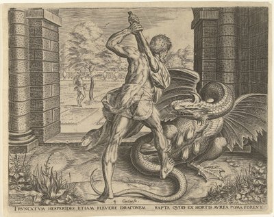 Herkules krade zlatá jablka Hesperidek Labors of Hercules (název série) od Cornelis Cort
