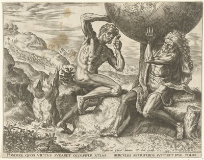 Herkules nese zeměkouli pro Atlas Labors of Hercules (název série) od Cornelis Cort