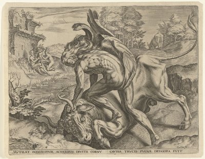 Hercules zápasí s Achelousem Labors of Hercules (název série) od Cornelis Cort
