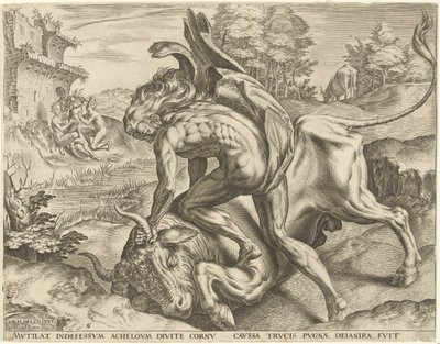 Hercules zápasí s Achelousem Labors of Hercules (název série) od Cornelis Cort