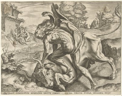 Hercules zápasí s Achelousem Labors of Hercules (název série) od Cornelis Cort