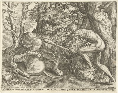Herkules uškrtí nemejského lva Labors of Hercules (název série) od Cornelis Cort