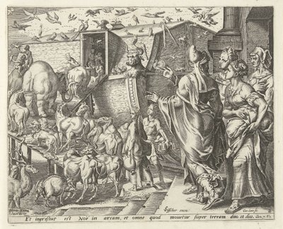 Noe nastoupil do archy se svou rodinou a zvířaty Historie Noaha (název série) od Cornelis Cort