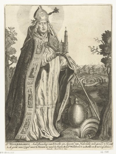 Saint Willibrord jako arcibiskup s modelem kostela Dom v Utrechtu St. Willebrord (titul na předmětu) od Cornelis Danckerts (I)