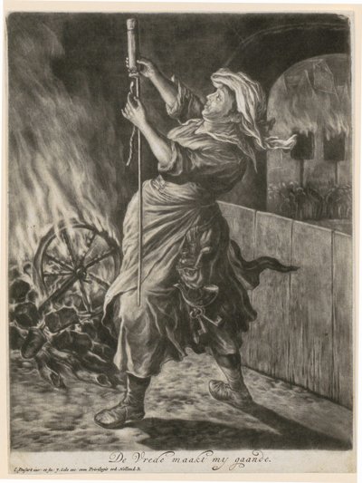Žena zapaluje světlici, list 5 ze série „Všeobecná radost z obléhání Namuru Vilémem III. roku 1695“ od Cornelis Dusart