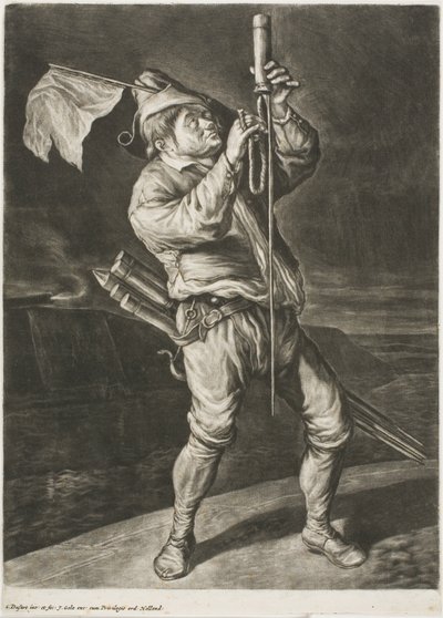 Muž zapalující raketu, nazývanou také Mír je lepší než vítězství, z Communia Gaudia (Rozsáhlá radost z obléhání Namuru) od Cornelis Dusart