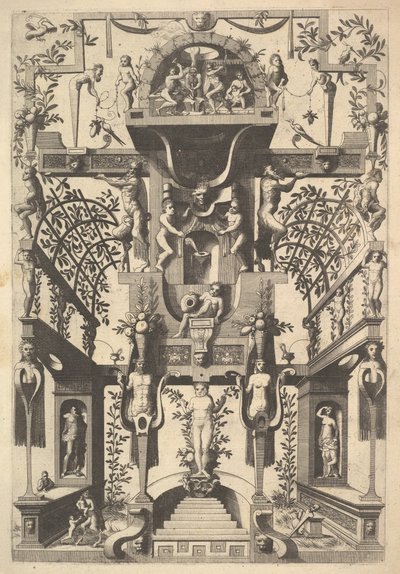 Fantastická architektonická struktura s popruhy a dvěma pergolami a malou scénou s Vu..., 1557. od Cornelis Floris Ii
