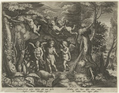 Jana Křtitele doprovázejí andělé, když jde do pouště Život Jana Křtitele (název série) od Cornelis Galle (I)