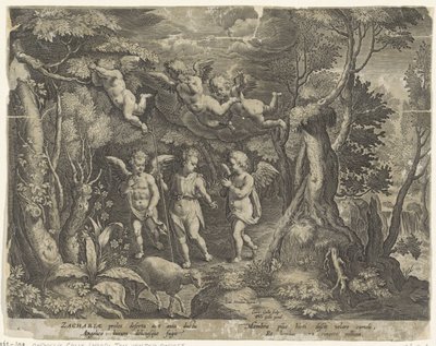 Jana Křtitele doprovázejí andělé, když jde do pouště Život Jana Křtitele (název série) od Cornelis Galle (I)