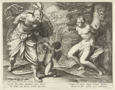 Venuše přivázaná ke stromu a Amor potrestán Minervou od Cornelis Galle (I)