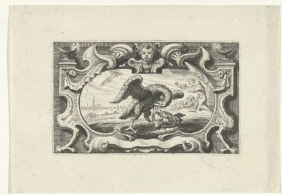 Viněta s pelikánem krmícím svá mláďata vlastní krví od Cornelis Galle (II) (attributed to)