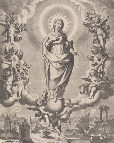 Panna ve slávě, stojící na oblacích a obklopená anděly držícími symboly ..., 1595-1633. od Cornelis Galle I