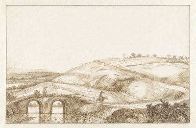 Kopcovitá krajina s kamenným mostem od Hendrick Cornelisz. Vroom