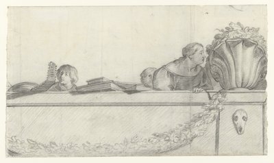 Lidé na balustrádě s girlandami Návrhy nástěnných maleb na zámku Honselaersdijk (název série) od Cornelis Holsteyn