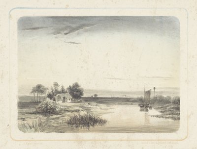 Říční krajina s domem a plachetnicí Šest krajin (název série) od Cornelis Jan Bolt