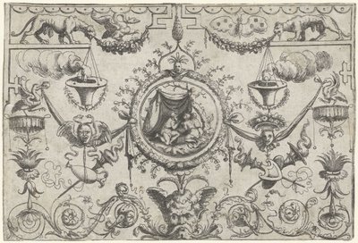 Ornament se třemi postavami klečícími pod látkou od Cornelis Massijs (attributed to)