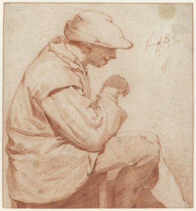 Sedící muž s měkkou čepicí, v profilu vpravo, se zdviženou pravou rukou od Cornelis Pietersz. Bega (attributed to)