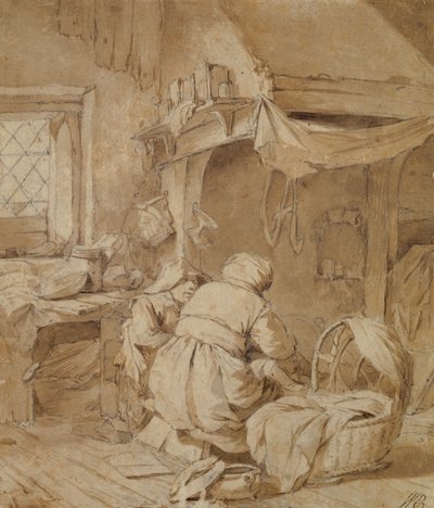Farmhouse Parlor with Farmer, Cradle and Child, c.1654 (pero a inkoust a štětec přes tužku na papíře) od Cornelis Pietersz Bega