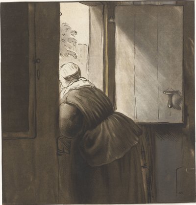 Žena naklánějící se nad nižšími dveřmi od Cornelis Ploos van Amstel (signed by artist)