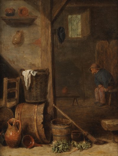 Interiér kuchyně s postavou sedící v přilehlé místnosti od Cornelis Saftleven
