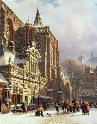 Pohled na Hoofdwacht a Grote Kerk, Zwolle od Cornelis Springer