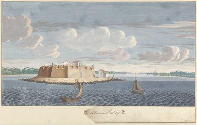 Fort Hammenhiel (Hummenil) na Cejlonu, při pohledu z moře Pevnost Hammenhiel z moře (název na objektu) od Cornelis Steiger