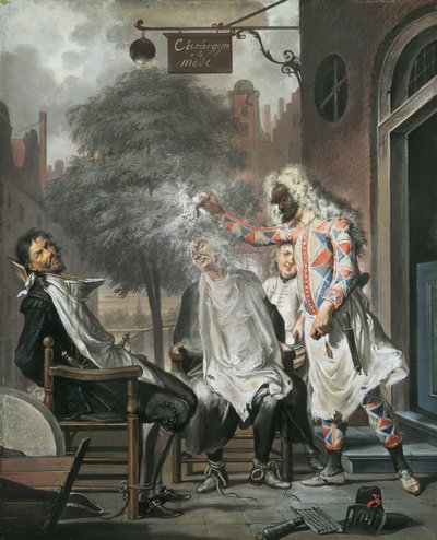Harlekýn, kouzelník a holič: Rivalové odhaleni, 1738 od Cornelis Troost
