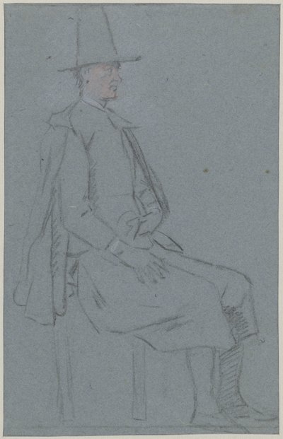 Kvákání vsedě, profil vpravo, jedna ruka na stehně od Cornelis Troost