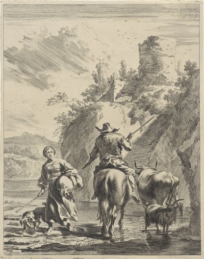 Pastýř a pastýřka na pevnosti Zvlněné krajiny (název série) od Cornelis Visscher (II)