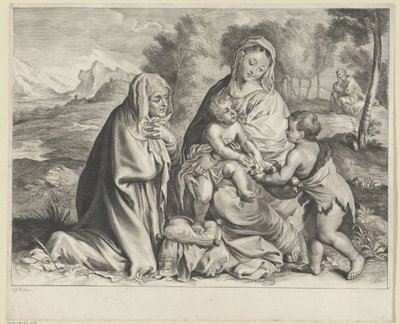 Krajina se Svatou rodinou, Janem Křtitelem a Alžbětou od Cornelis Visscher (II)