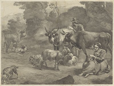 Krajina s pastýřem a šijící pastýřkou od Cornelis Visscher (II)