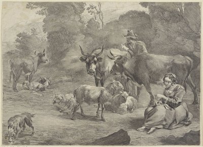 Krajina s pastýřem a šijící pastýřkou od Cornelis Visscher (II)
