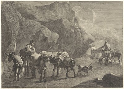 Skalnatá krajina s pastýři od Cornelis Visscher (II)