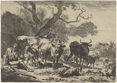 Odpočívá starý pastýř se svým stádem Krajiny (název série) od Cornelis Visscher (II)