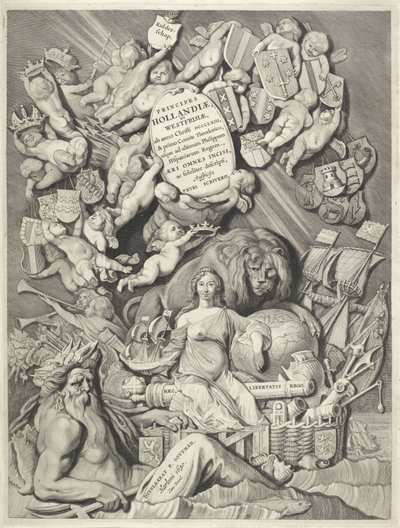 Titulní tisk pro sérii hrabat a hraběnek z Holandska, Zeelandu a Západního Fríska PRINCIPY / HOLLANDIÆ, / ZELANDIÆ ET FRISIÆ, / (...) / PETRI SCRIVERII (název na objektu) Hraběte a hraběnky z Holandska, Zeelandu a Západního Frieslandu (název série) princ od Cornelis Visscher (II)